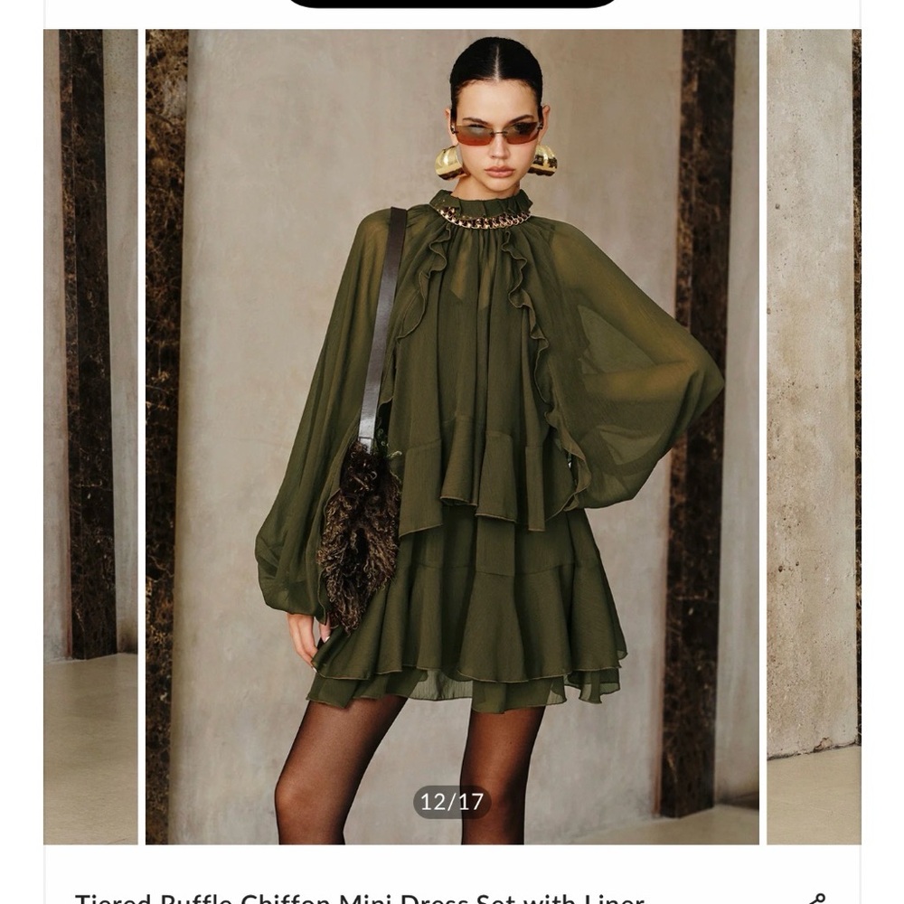 Tiered Ruffle Chiffon Mini Dress - Olive Green